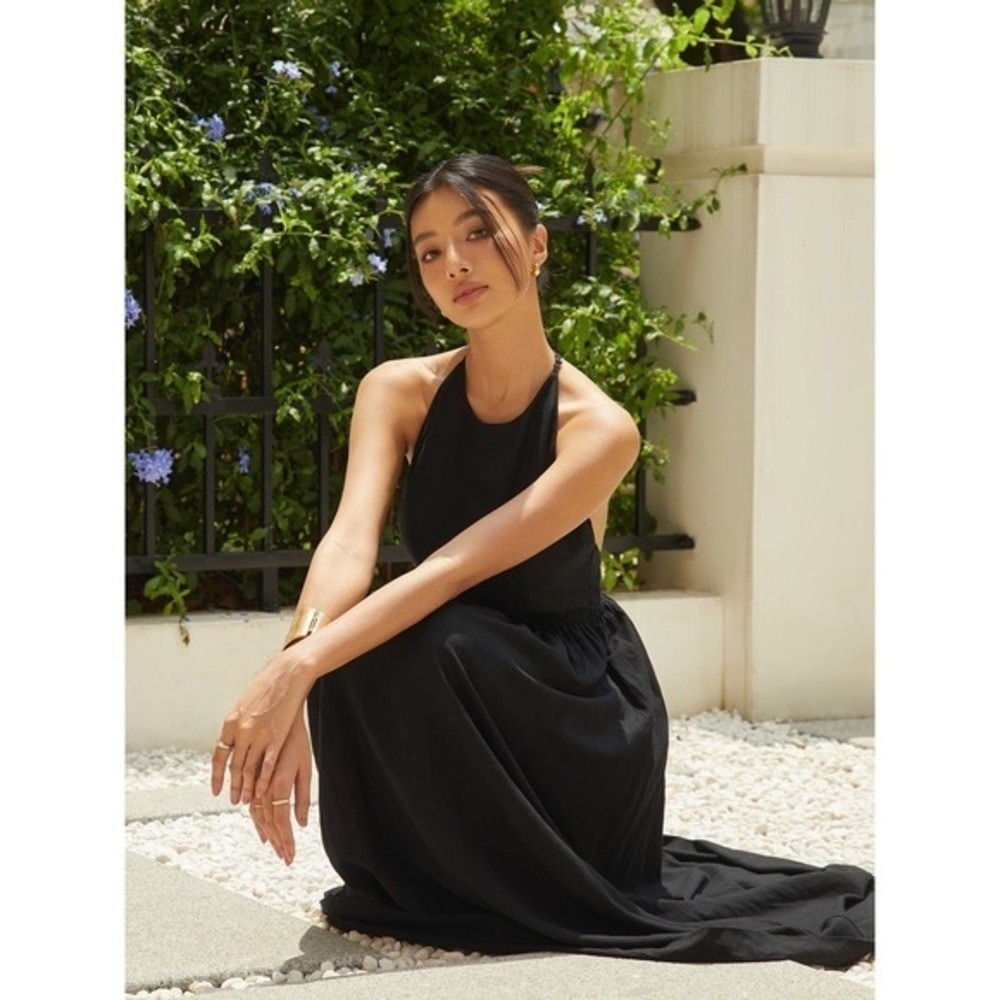 COMMENSE Solid Halter Black Cotton Linen Backless Maxi Dress Size M NWT - Picture 6 of 6
